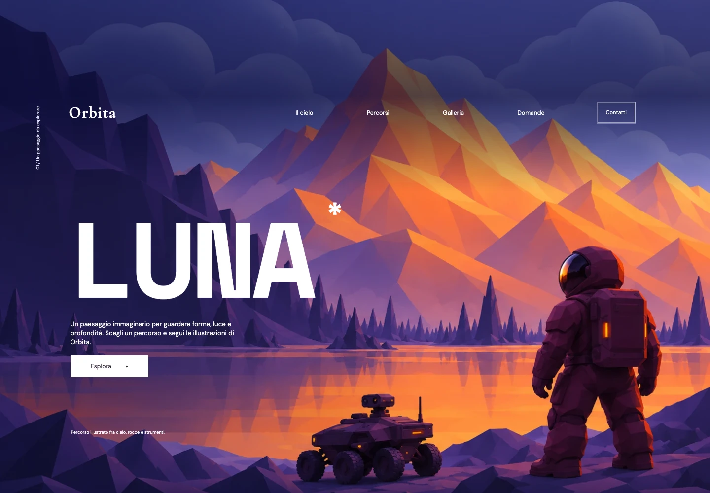 Demo Orbita: paesaggio illustrato con montagne, luna e astronauta